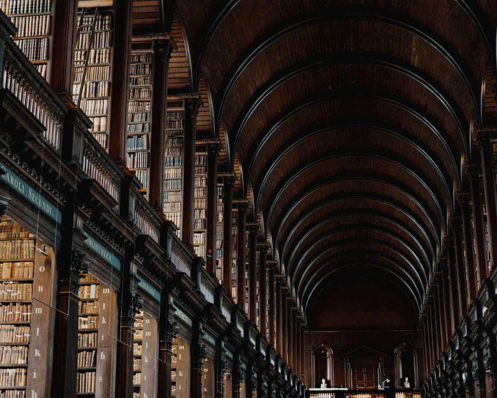 Photo showing the interior of an old, stately library