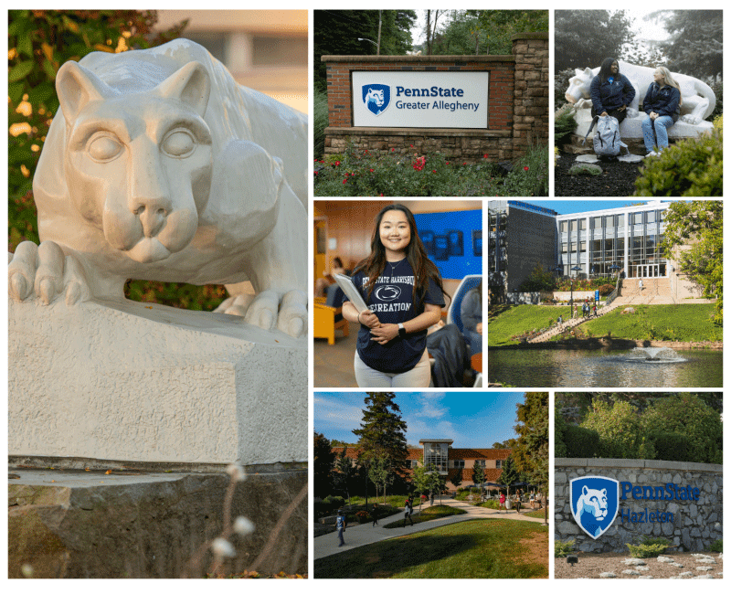 A collage of images showing each of the Penn State campuses participating in this Cohort. The images show: Penn State New Kensington, Penn State Greater Allegheny, Penn State Harrisburg, Penn State Hazleton, Penn State Schuylkill, Penn State Brandywine, Penn State Abington